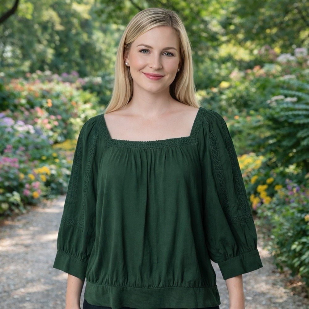 NEW‎ Anthropologie Chela Green Lace Puff Sleeve Babydoll Blouse Feminine L